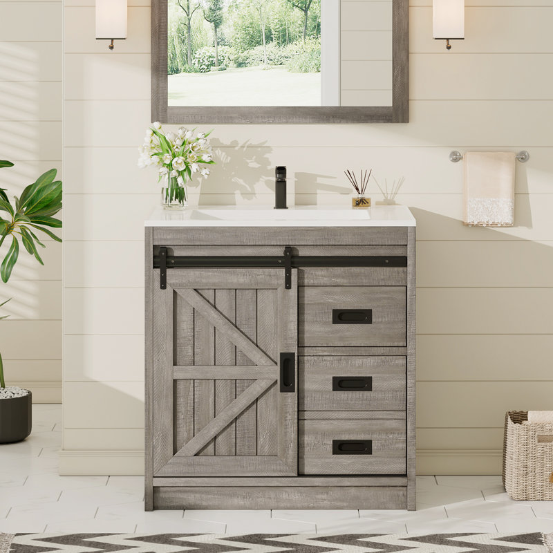 AMERLIFE 31" Sliding Barn Door Bathroom Vanity with Sink, Farmhouse ...